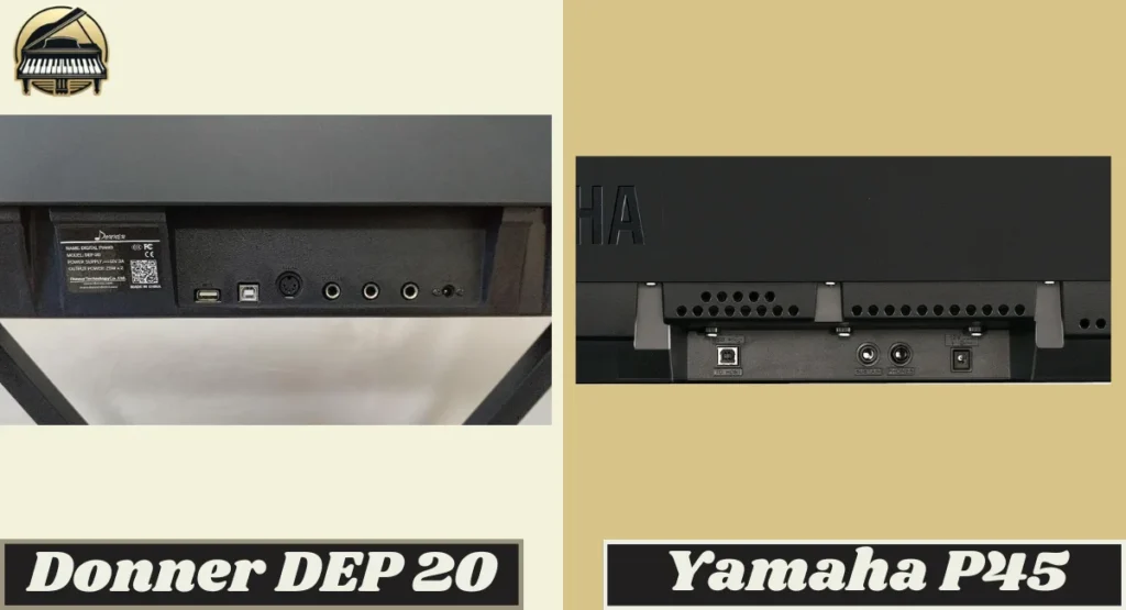 donner-dep20-vs-yamaha-p45-connectivity-options Donner DEP20 vs Yamaha P45 connectivity ports showing USB, MIDI, and headphone jacks.